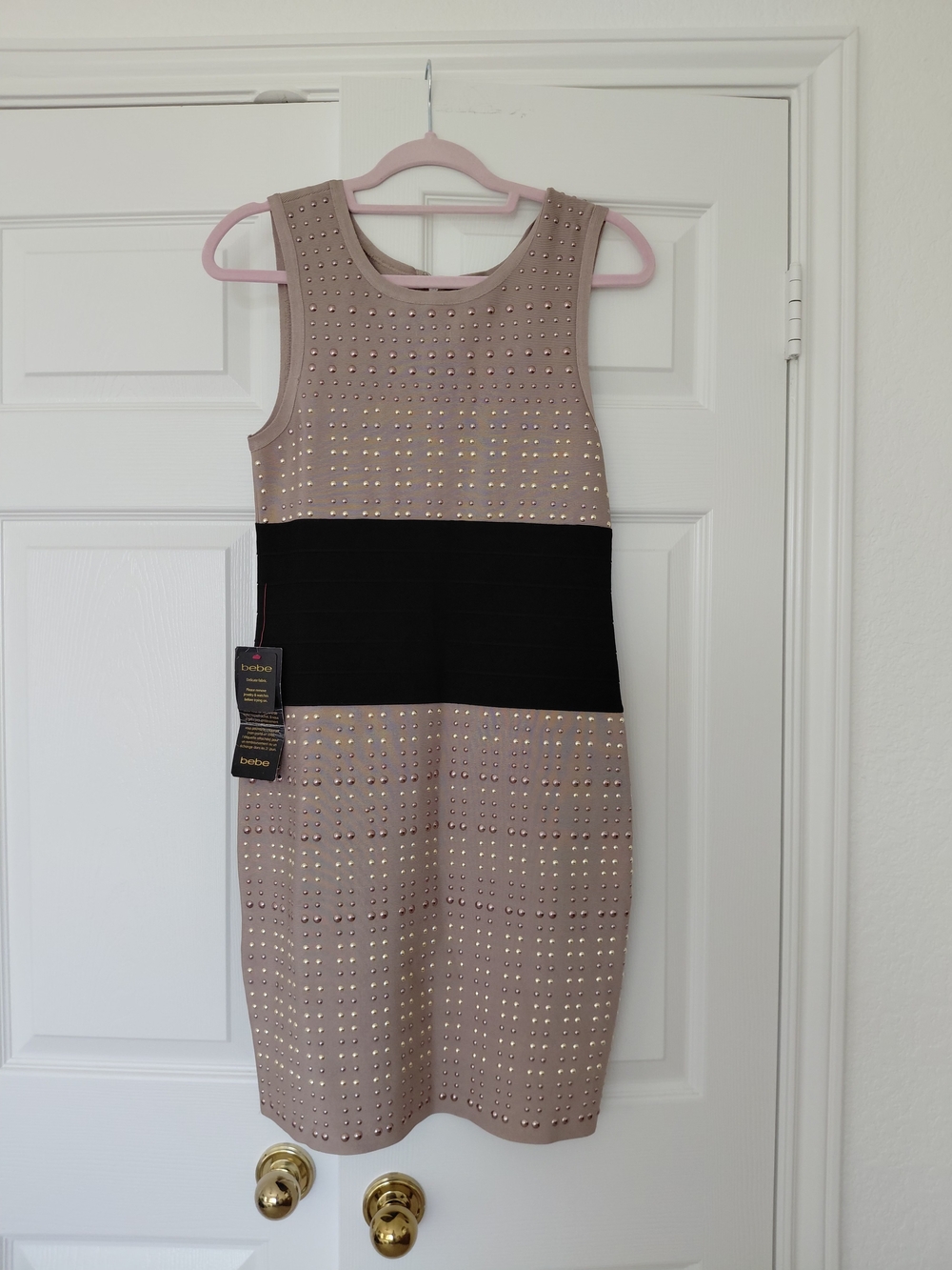 bebe Studded Taupe Sheath Dress with Black Waistband